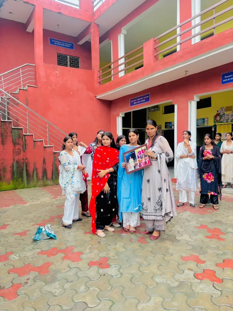 Students at the school building